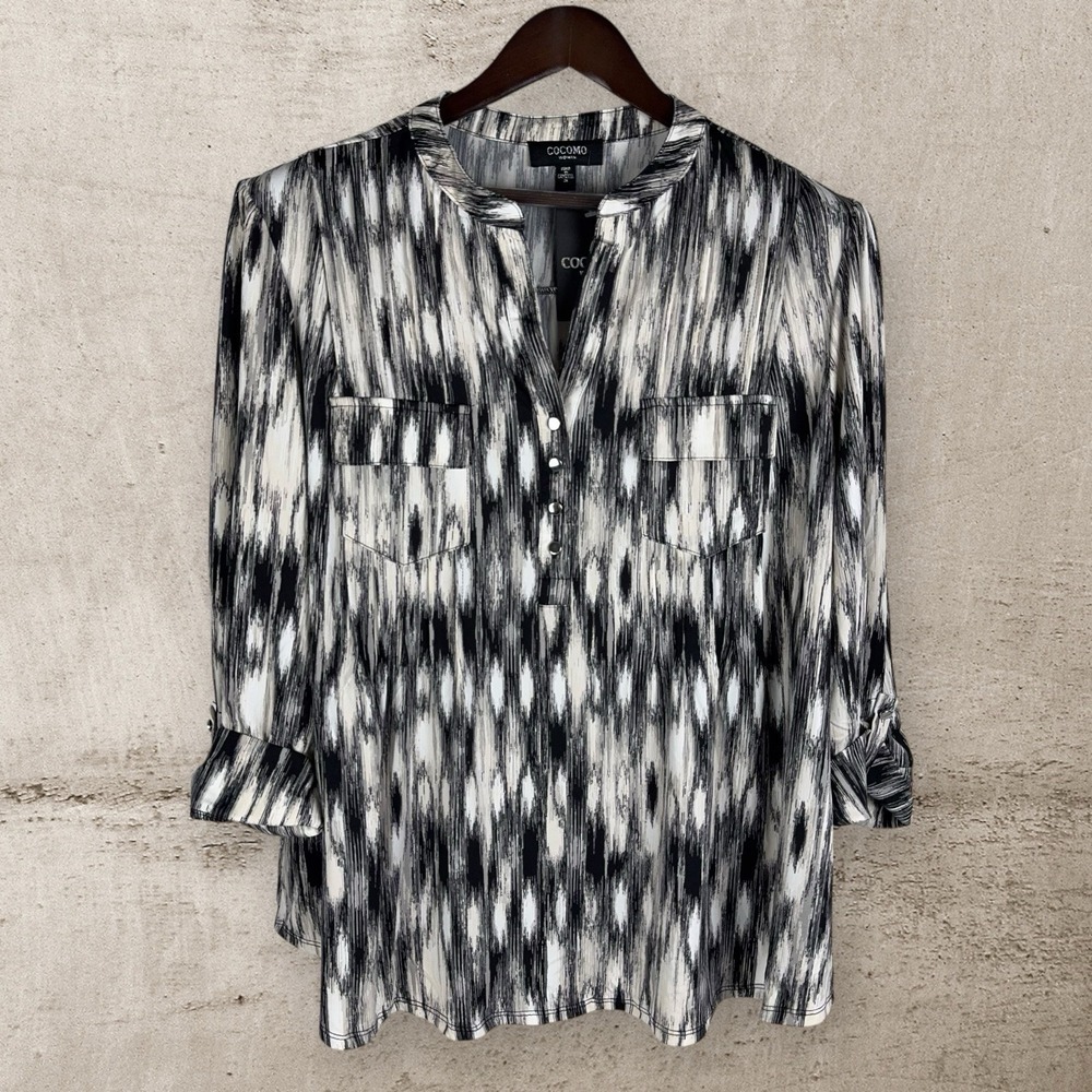 New Cocomo Popover Office Top Stretch Knit V Neck Roll Tab Sleeve Black Multi 3x